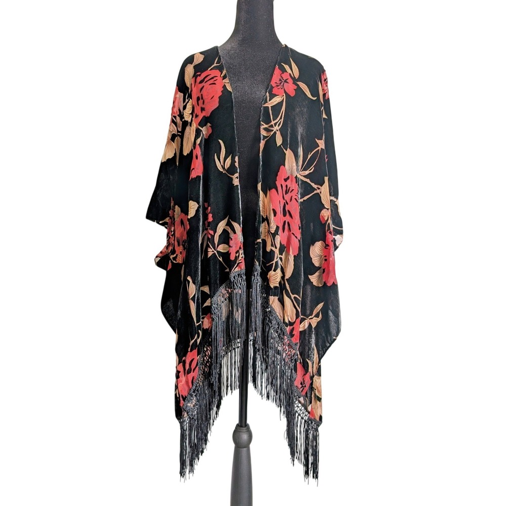 Vintage Y2K 2000s Boho Chic Whimsigoth Rose Floral Velvet Devorée Fringe Kimono